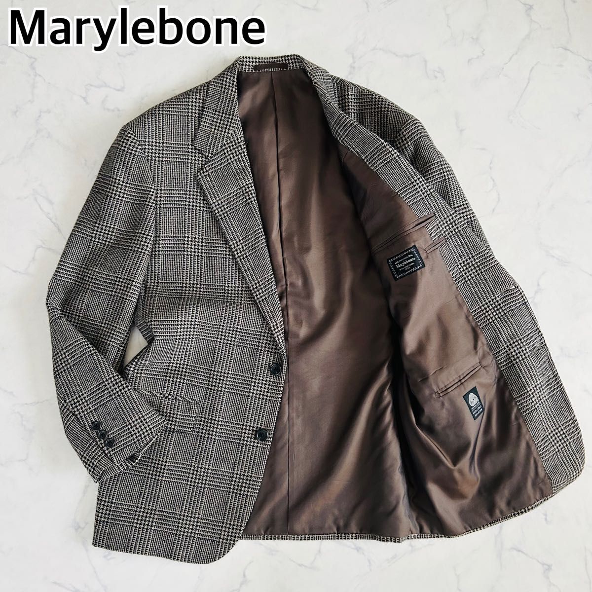 【美品】Marylebone メアリルボーン アルパカ混 テーラードジャケット 千鳥格子 グレンチェック ブラック×ホワイト L拍卖
