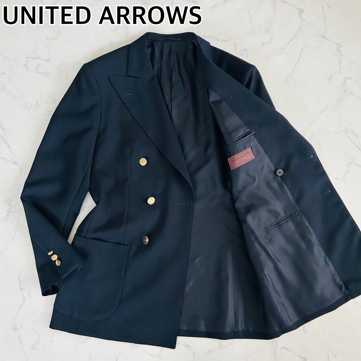 【美品】現行タグ UNITED ARROWS ユナイテッドアローズ 紺ブレ テーラードジャケット ダブルブレスト 金ボタン ネイビー 48 Lサイズ拍卖