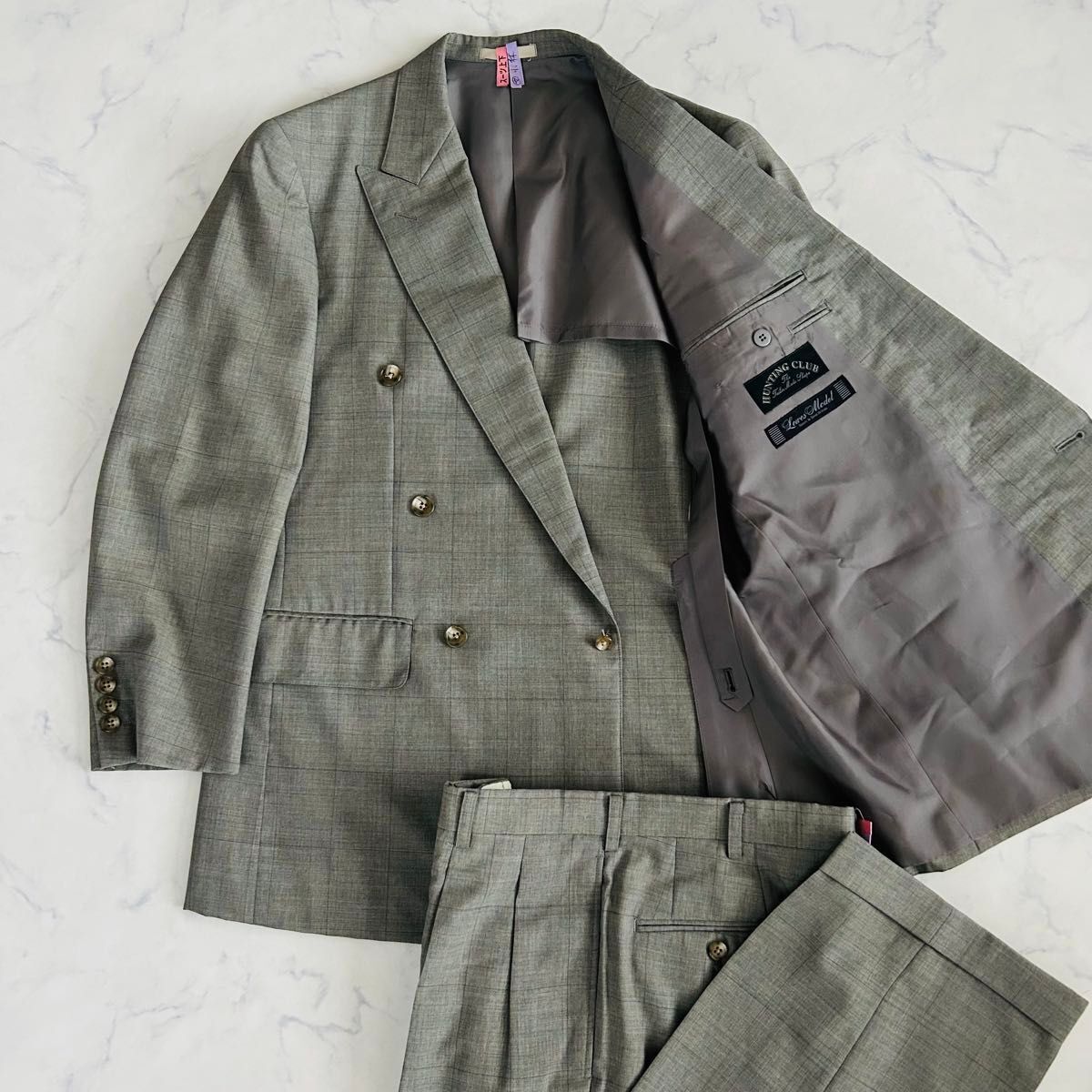 【美品】クリーニング済 ヴィンテージ ビンテージ カジュアルスーツ ダブルジャケット パンツ セット 菅田将暉 グレー チェック A5 M拍卖