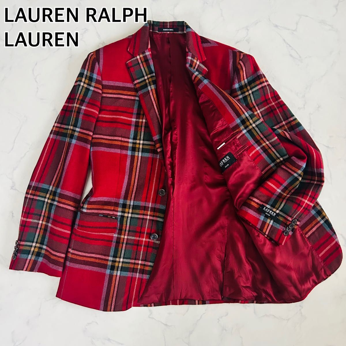 【希少デザイン 未使用品 美品】LAUREN RALPH LAUREN ローレンラルフローレン テーラードジャケット タータンチェック レッド LL拍卖