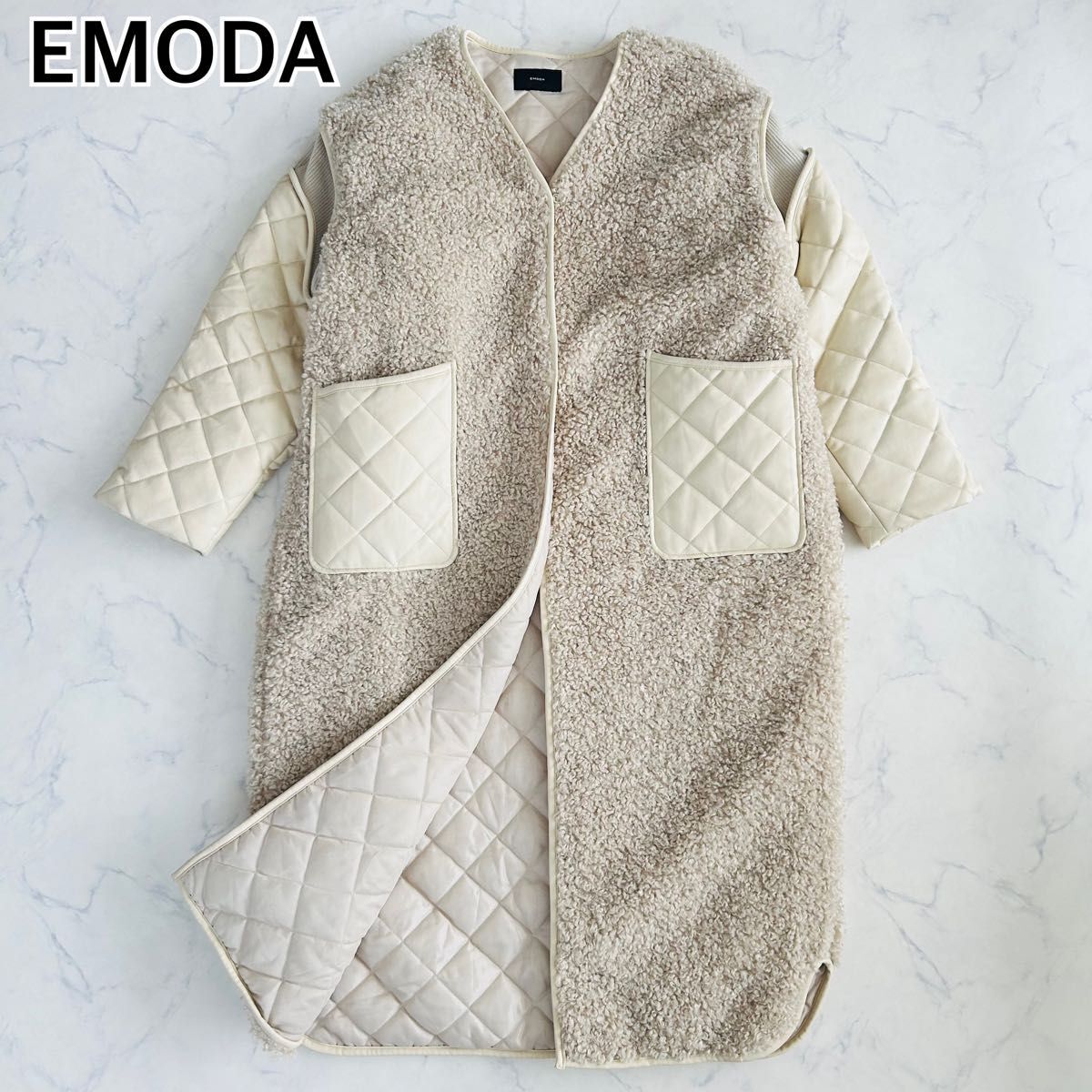 【極美品】EMODA エモダ 3種類 ドッキングロングコート ボアコート 裏地キルティング リブ袖 マキシ丈 ベージュ フリーサイズ拍卖