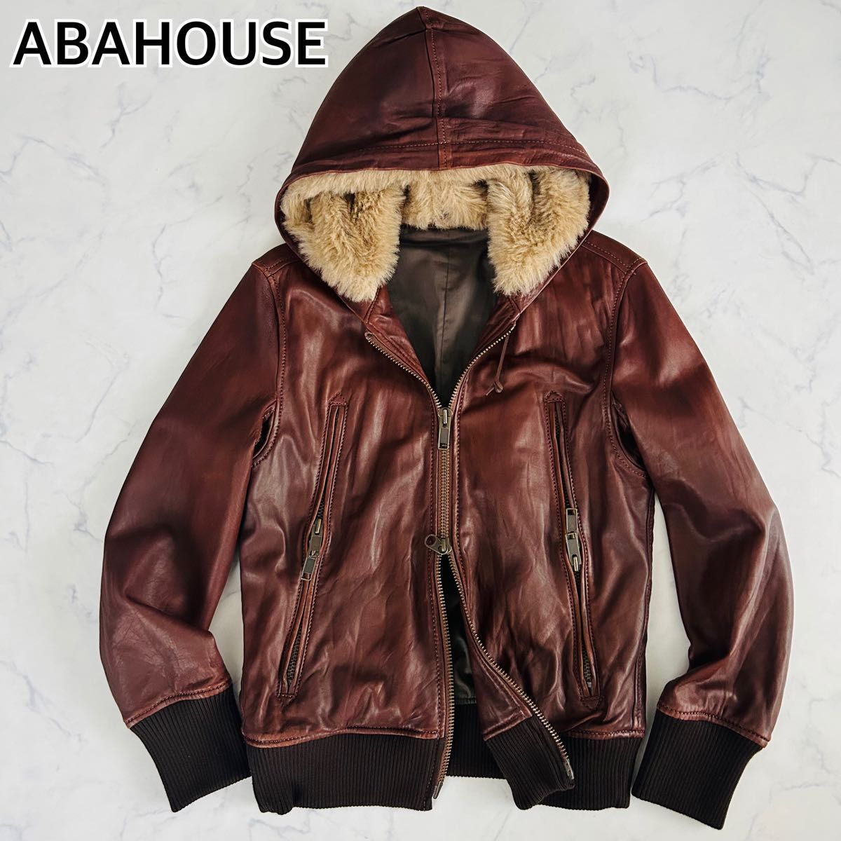 ABAHOUSE アバハウス ラムレザー 羊革 本革 レザージャケット ブルゾン ボアフード リブ袖 フルジップ ブラウン L拍卖