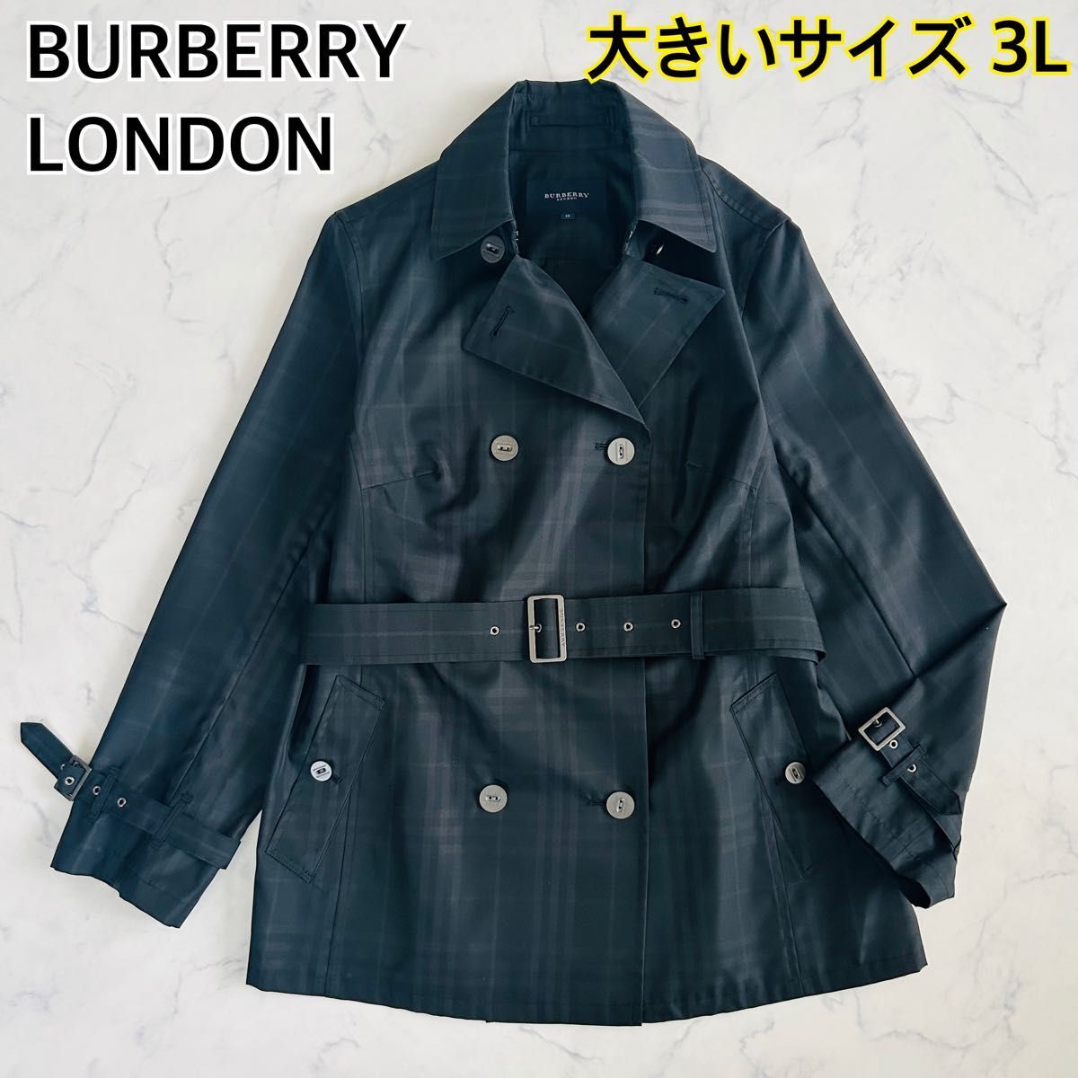 【極美品 大きいサイズ3L 15号】 BURBERRY LONDON バーバリーロンドン ショート トレンチコート ノバチェック 総柄 メタルロゴ刻印拍卖