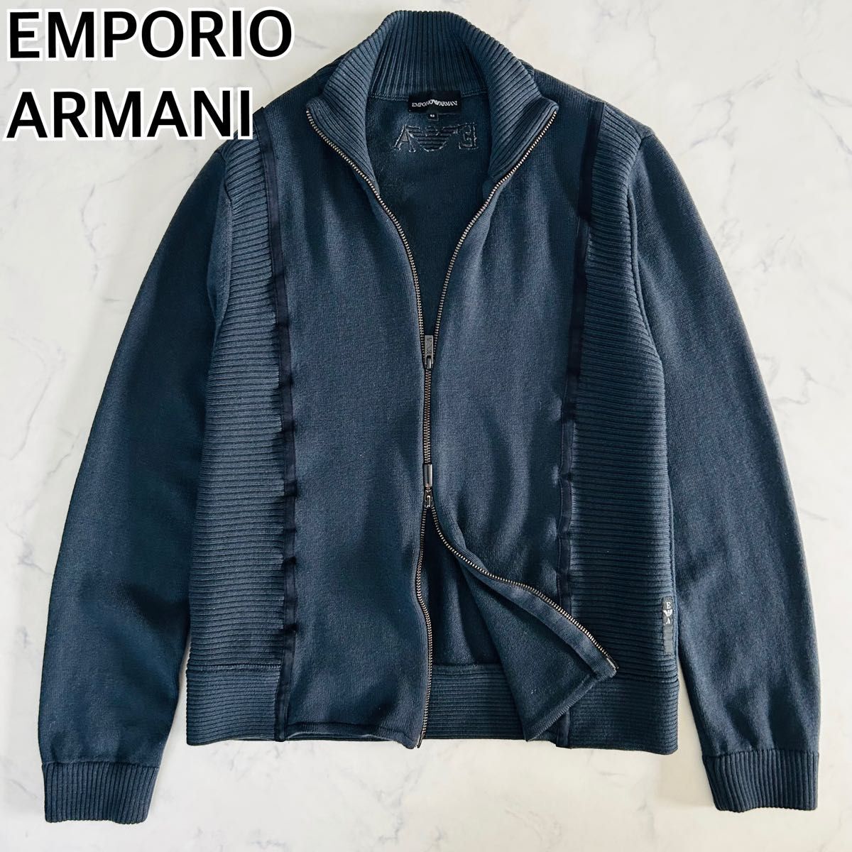 【大きいサイズ 52 3L 2XL】EMPORIO ARMANI エンポリオアルマーニ ドライバーズニット タートルネック ダブルジップ ロゴ刺繍 ネイビー拍卖