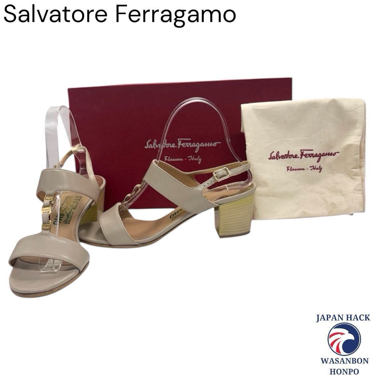 Salvatore Ferragamo 未使用近い サンダル ソランジュ レザー パンプス 靴 ヒール イタリア製 ベージュ 7 (24㎝相当) 保存袋&箱付き 拍卖