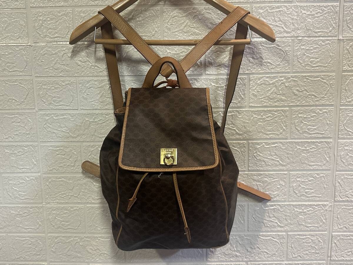 M7101 CELINE セリーヌ マカダム柄 巾着型 PVC×レザー リュックサック バックパック 難あり 現状品拍卖