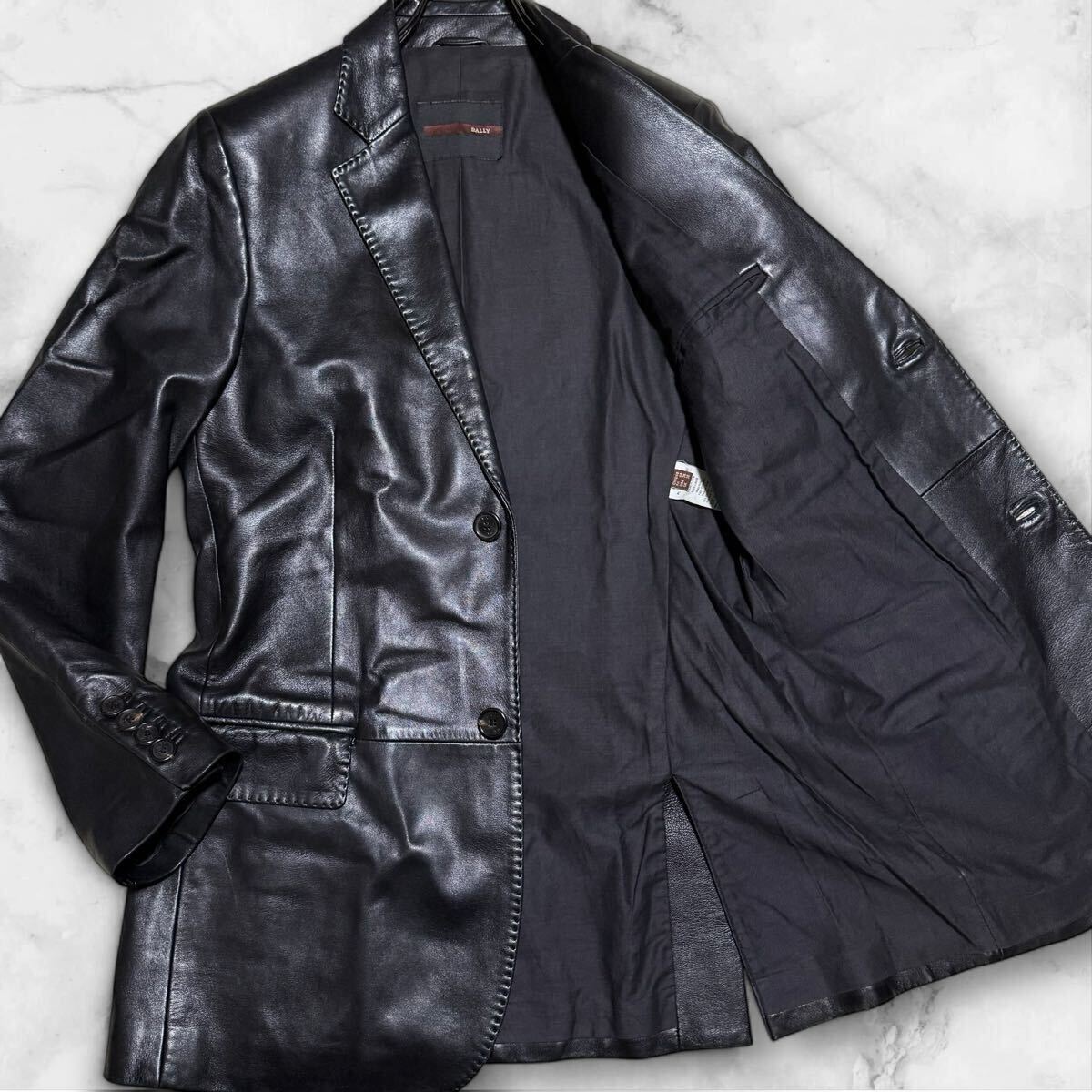 極美品/Lサイズ■ BALLY バリー ラムレザー テーラードジャケット 《トロトロの手触り》ライダース 2B イタリア製 羊革 ブラック メンズ 48拍卖