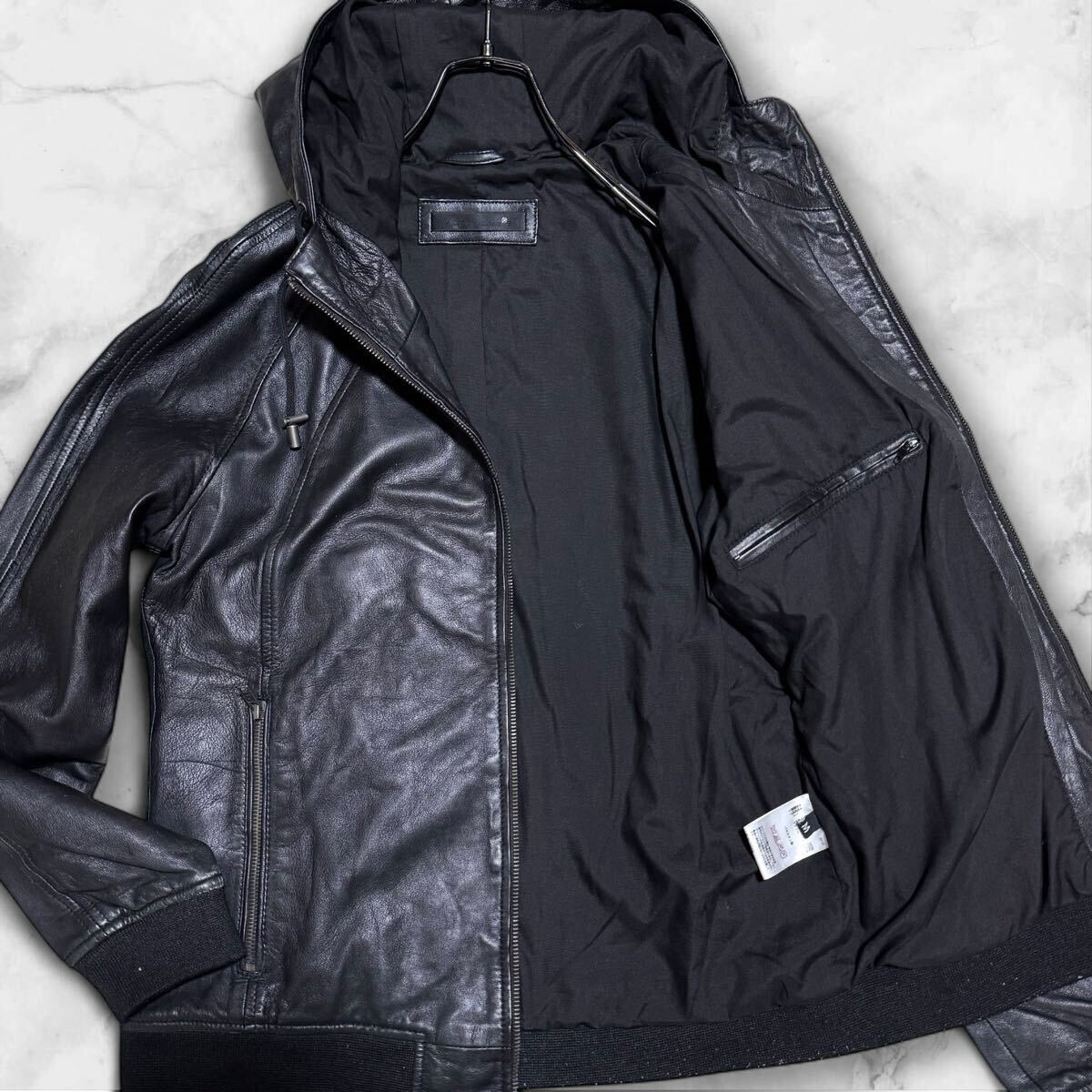 美品/ラムレザー■ Liugoo Leathers リューグー レザーズ パーカー ライダース フード ジャケット ダブルジップ 羊革 ブラック 黒 メンズ M拍卖