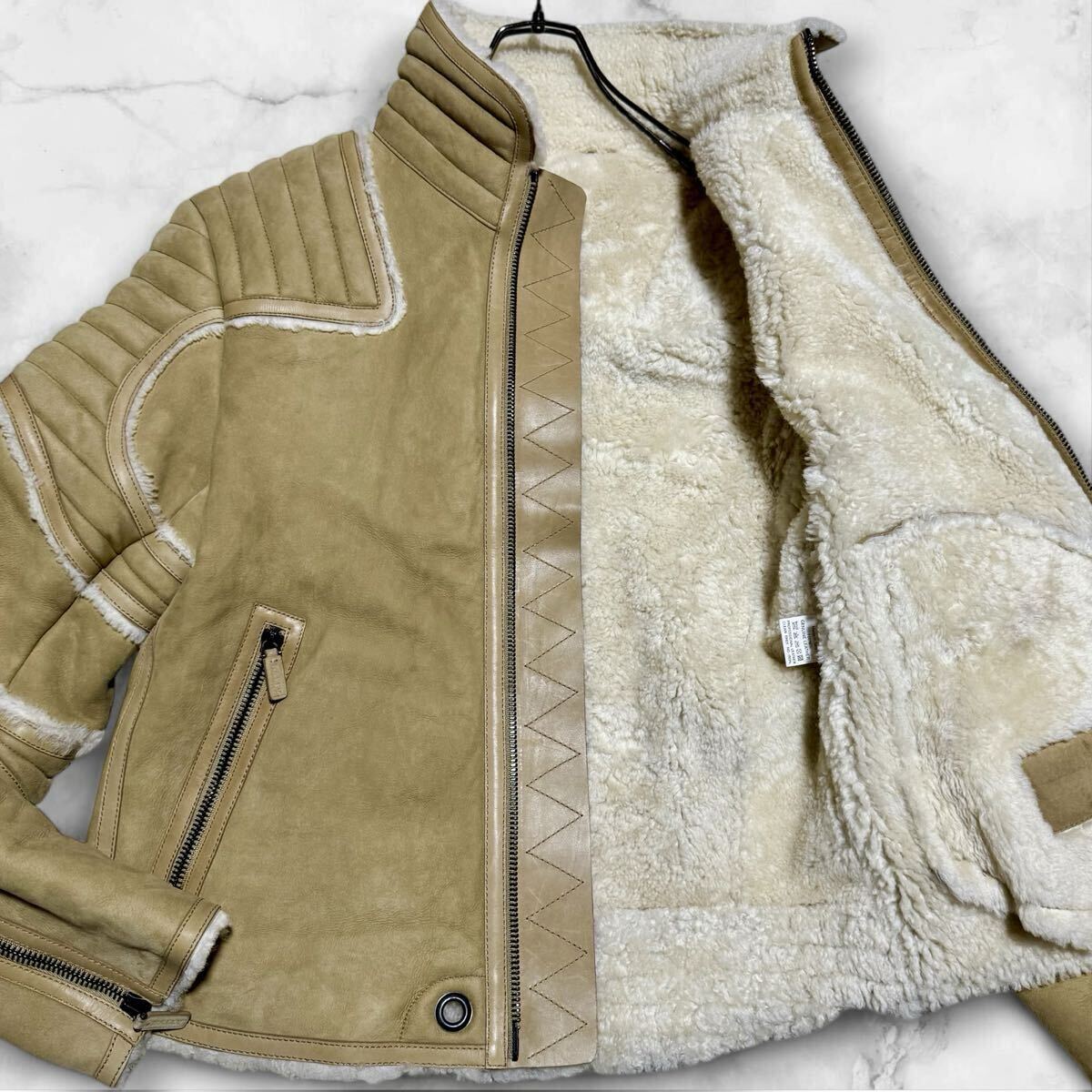 美品/XLサイズ■ BALLY バリー ラムレザー ムートン ジャケット ブルゾン ライダース パッチ ファー ボア メンズ 50 イタリア製 羊革 拍卖
