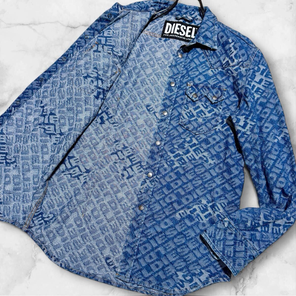 美品/L相当■現行タグ DIESEL ディーゼル デニムジャケット 長袖シャツ Gジャン エンボス 凸凹 ロゴ総柄 インディゴ 洗濯可◎ 銀ボタン拍卖