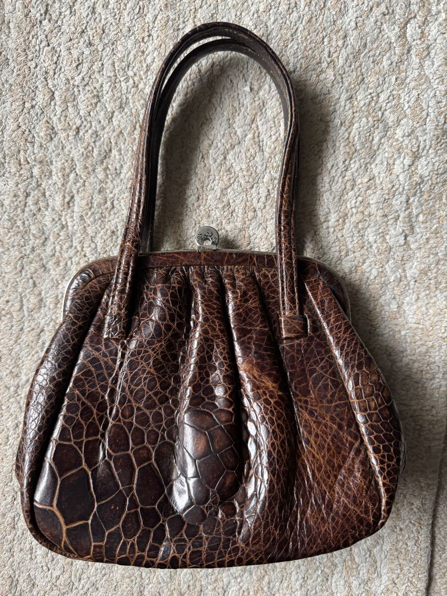 ★USED稀少★亀革 がま口 ハンドバッグ ブラウン タートル レザー ウミガメ 海亀 昭和 小道具などに拍卖