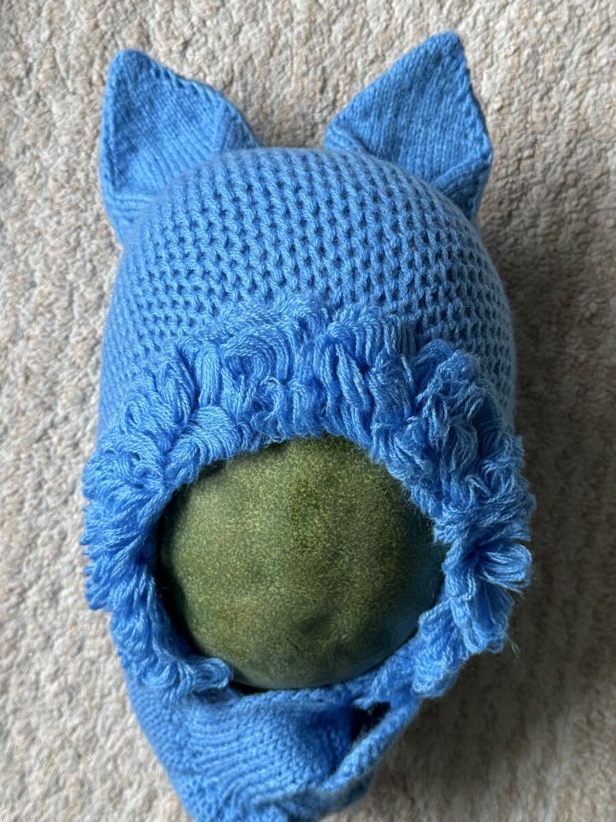 ★手編み★安全!暖か! ニット帽 幼児 耳付き 帽子 動物 アニマル 日本犬 可愛い 48cm~53cm 青 鮮やかなスカイブルー拍卖