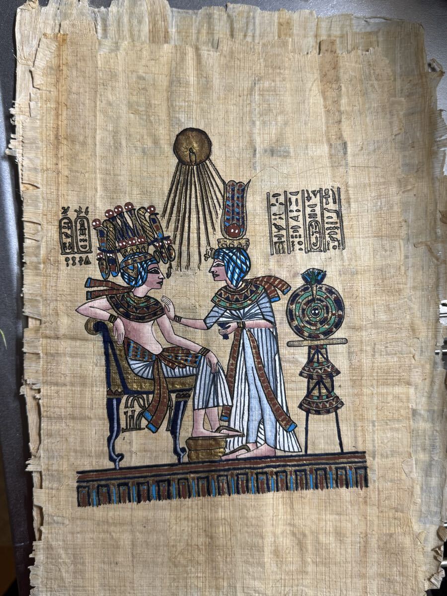 ★保管品 手書き★ツタンカーメン王夫妻 1980年代前半 エジプト パピルス 絵画 保管状態良好 40年保存 額無し 拍卖