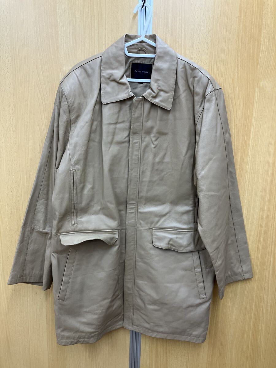om/松 10e29 Festa Uomo レザーコート フェスタウオモ  ベージュ 豚革  コート アウター レザー Mサイズ拍卖