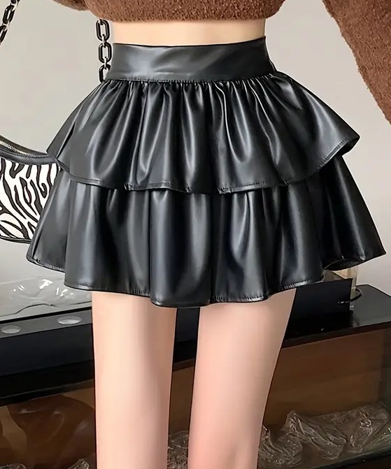フェイクレザー レイヤード ミニスカート ブラック Lサイズ(1441)拍卖