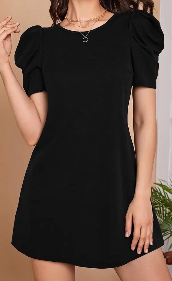 Aライン パフスリーブ ミニワンピース 半袖 ブラック 4Lサイズ(2597)拍卖