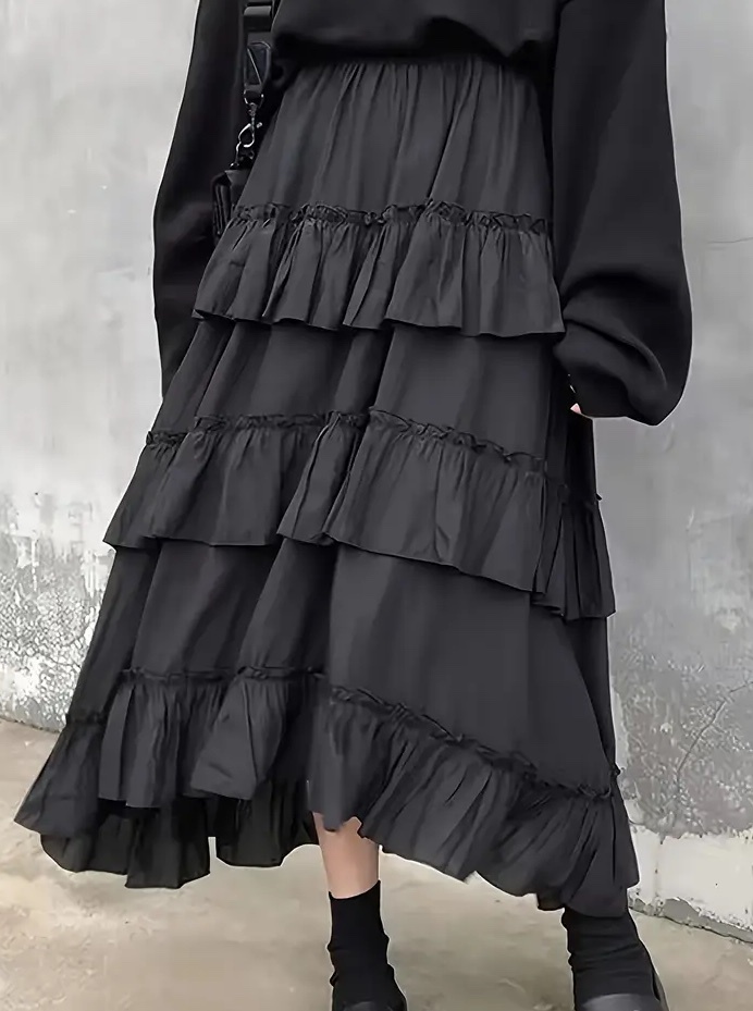 ゴシックスタイル フリルレイヤードスカート アシンメトリフリル裾 ブラック 4Lサイズ (2459)拍卖