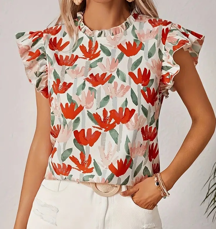 フローラルプリント ブラウス フリル袖 春夏 LLサイズ (1359)拍卖