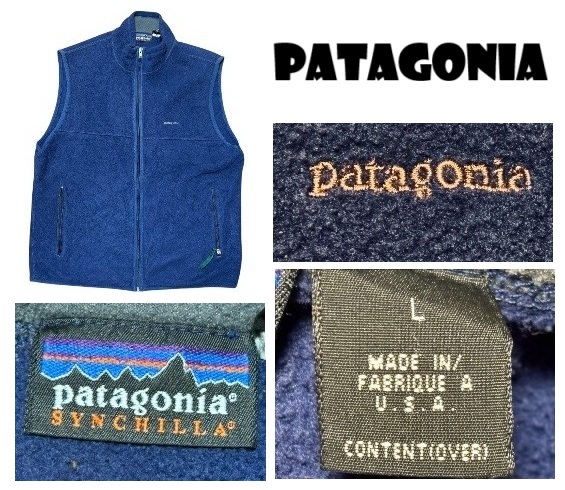希少USA製90年代パタゴニアPatagonia刺繍入りフリース・ベスト★ネイビー★L拍卖