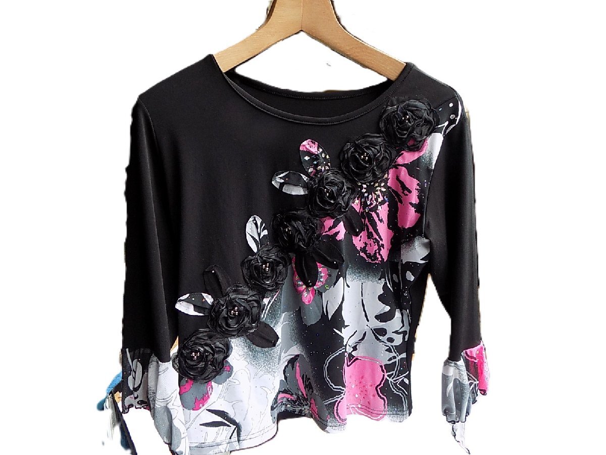 【美品】社交ダンス衣装 立体薔薇モチーフ フレア袖ブラウス/mo-FH-18-6204/高級/上質/モダン/軽やか/着心地/個性的/非対称袖/ステージ拍卖