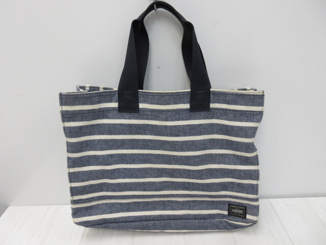 ブランド祭 バッグ祭 PORTER ポーター ハンドバッグ 現状品 ボーダー デニム生地 ネイビー ブルー トートバッグ拍卖