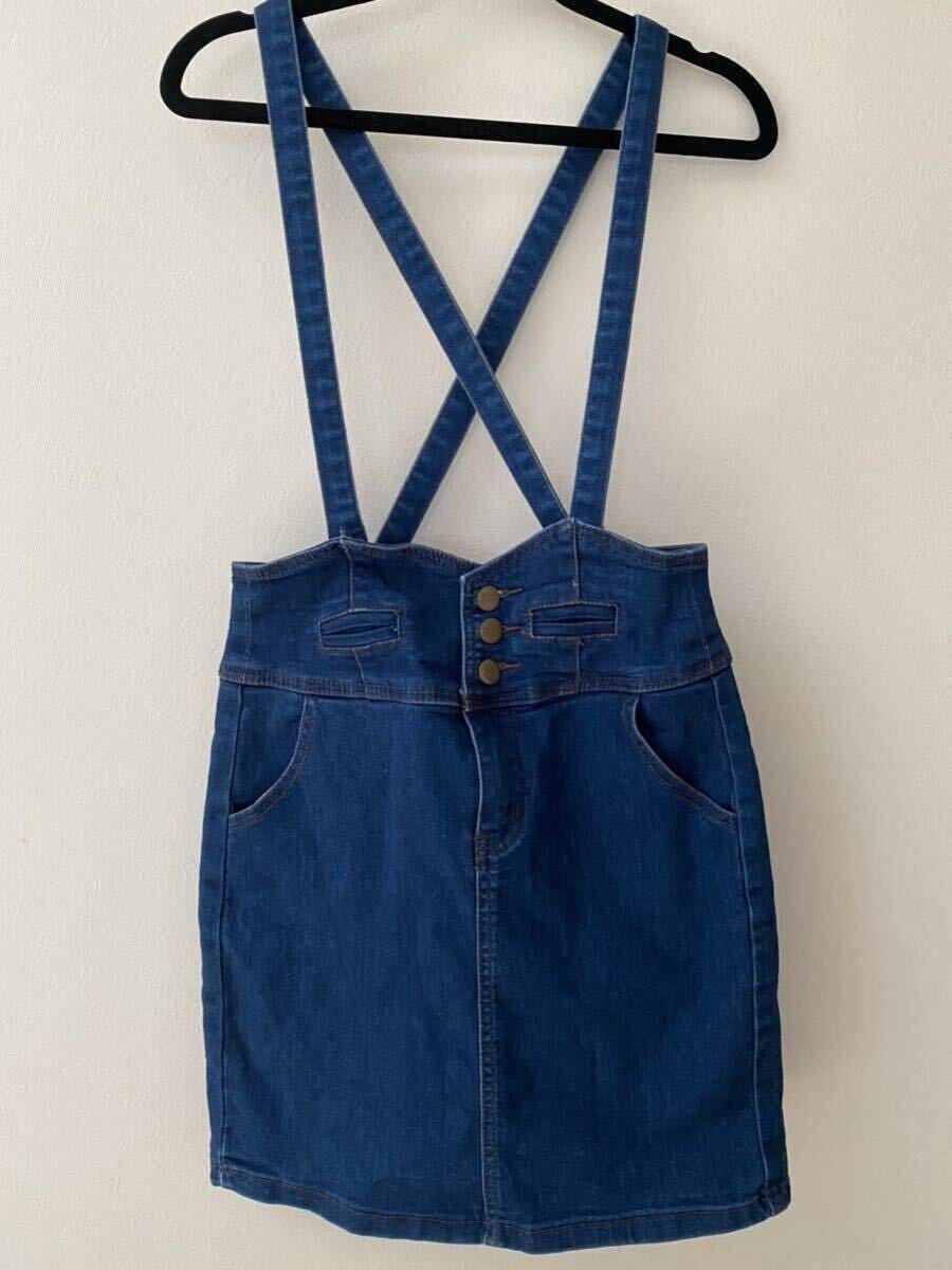 FOREVER21 サイズS サロペットデニムスカート 美品 ハイウエスト タイトスカート ジャンパースカート オーバーオール拍卖