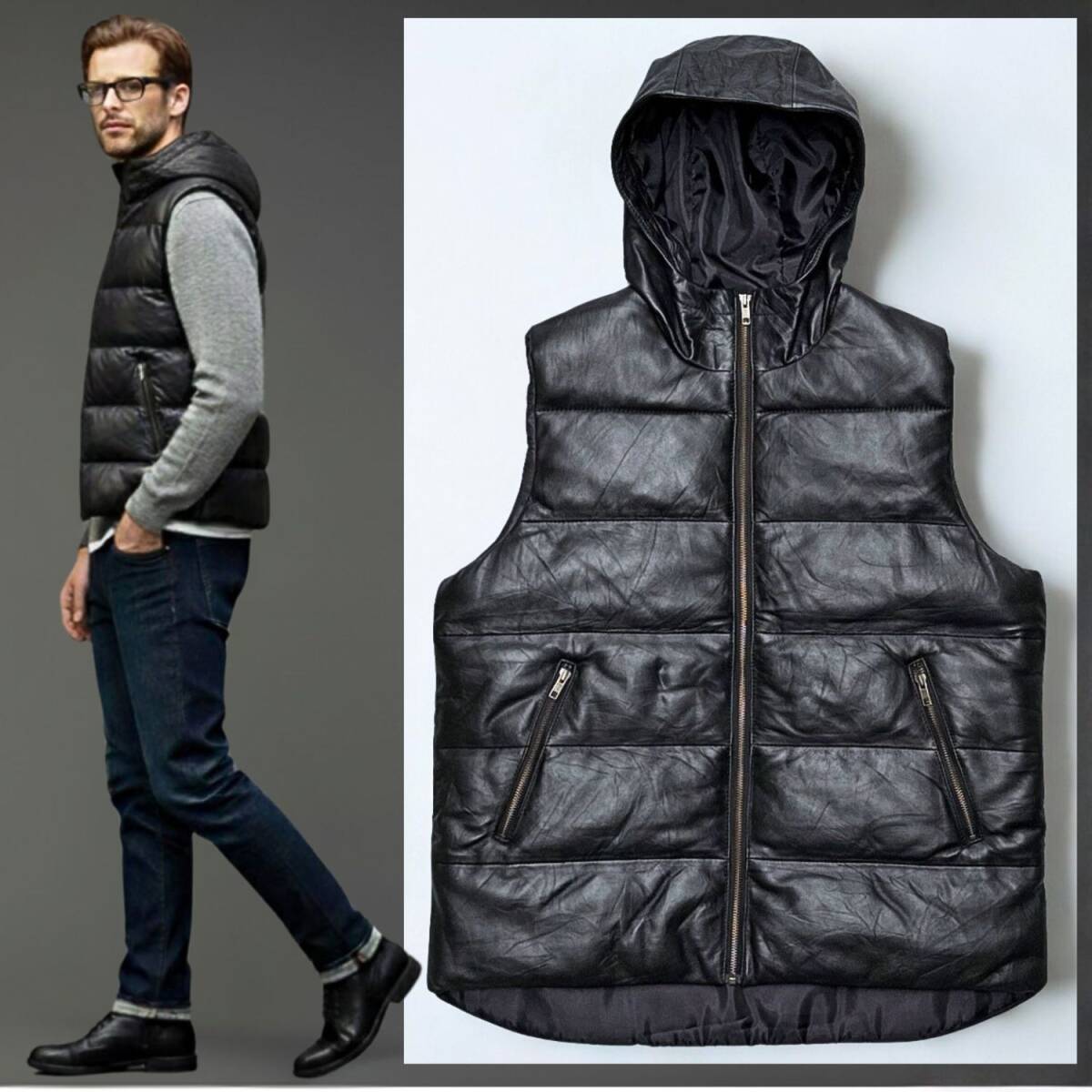◆モデル出品◆XXLサイズ 本革フード付リッチレザーダウンベスト黒 リアル牛革/皮 オールブラック 秋冬春 中綿Fダウン ※条件付送料無料拍卖