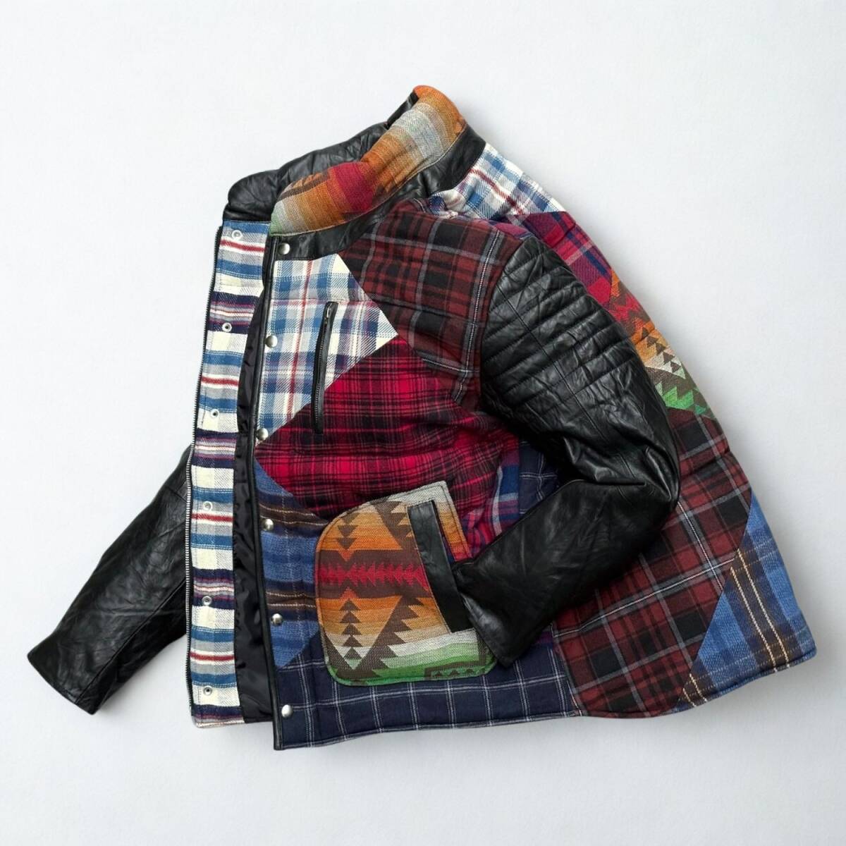 ◆モデル出品◆Lサイズ 本革レザー黒×パッチワークブルゾン ネイティブ柄 WOOLウール 腕部キルティング加工 メンズ キャンプ/アウトドア拍卖