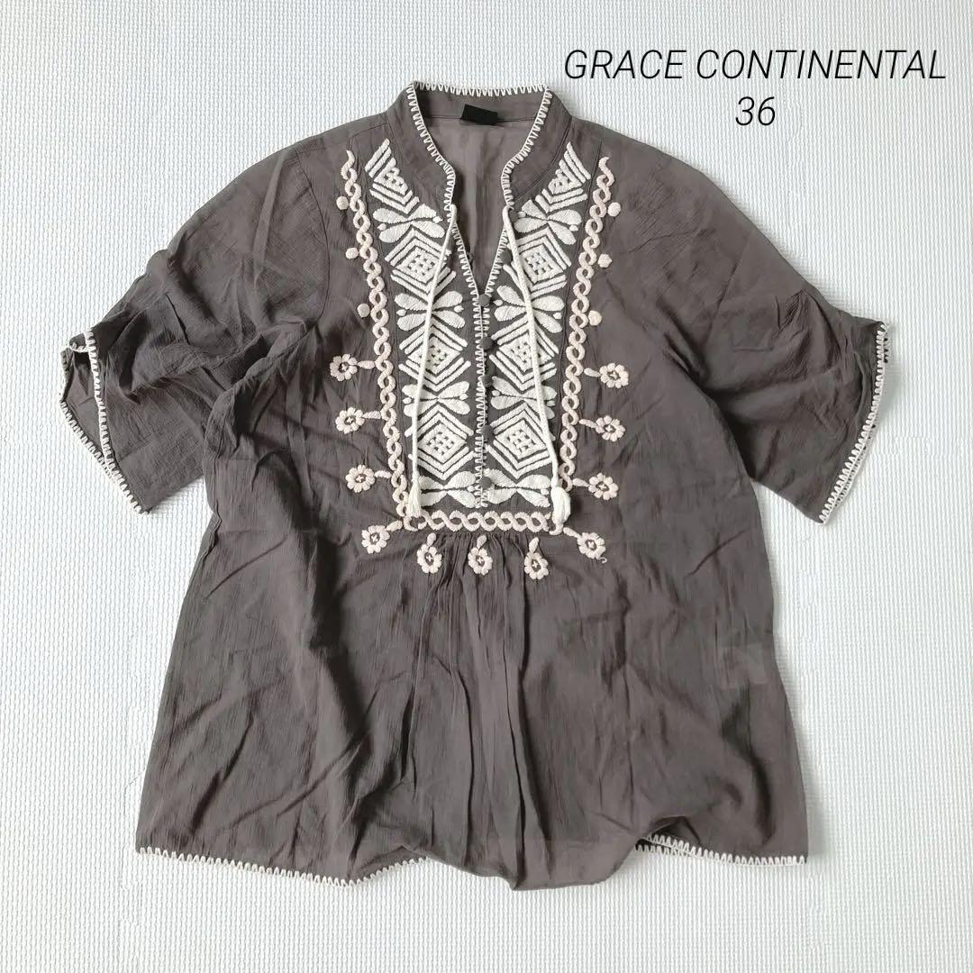 グレースコンチネンタル 刺繍ブラウス 36 透け感 ダークグレー系 ボヘミアン拍卖