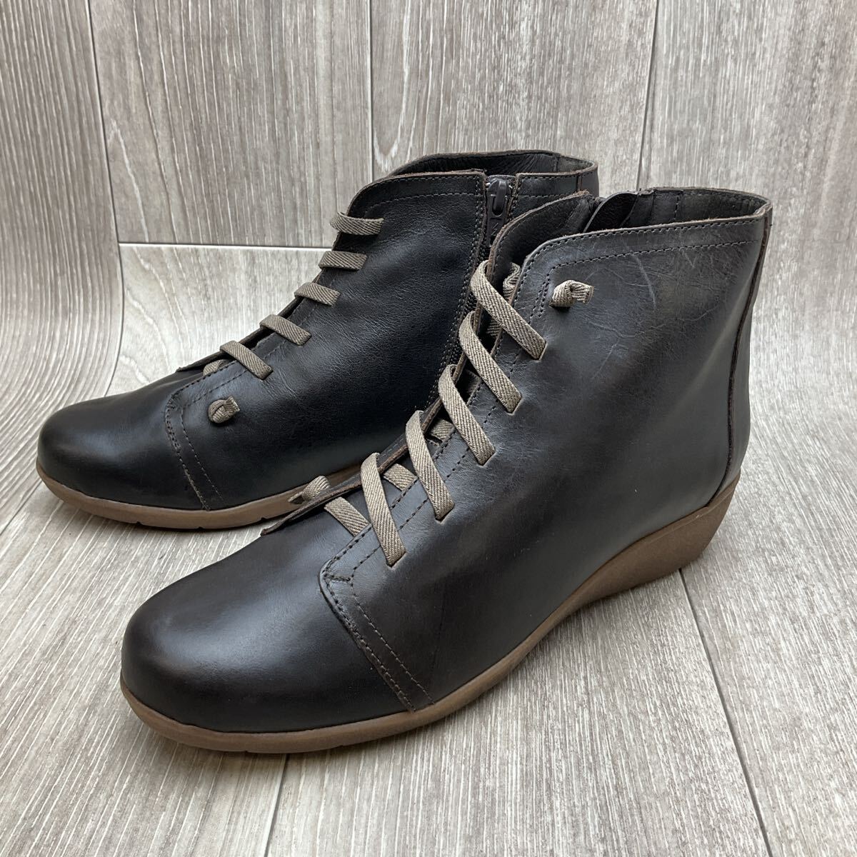 【アウトレット】スペイン製レディースショートブーツ◆ダークブラウン◆サイズ42(26.0cm) 婦人革靴 本革 SPAIN 濃茶 サイドジップ拍卖