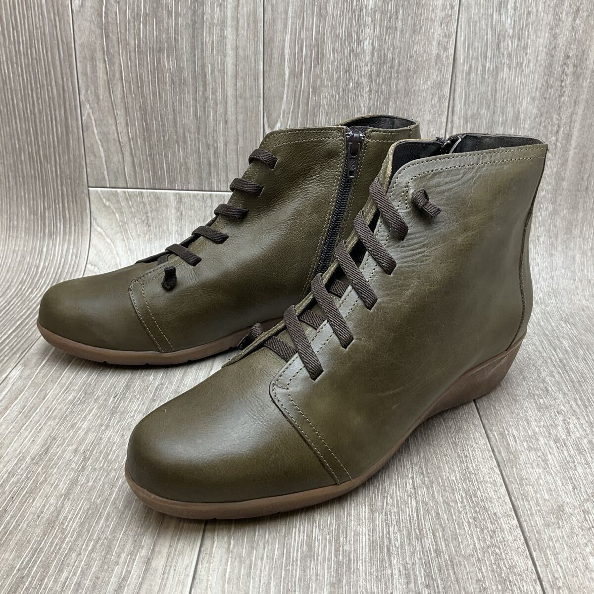 【アウトレット】スペイン製レディースショートブーツ◆カーキ◆サイズ41(25.5cm) 婦人革靴 本革 SPAIN オリーブグリーン拍卖