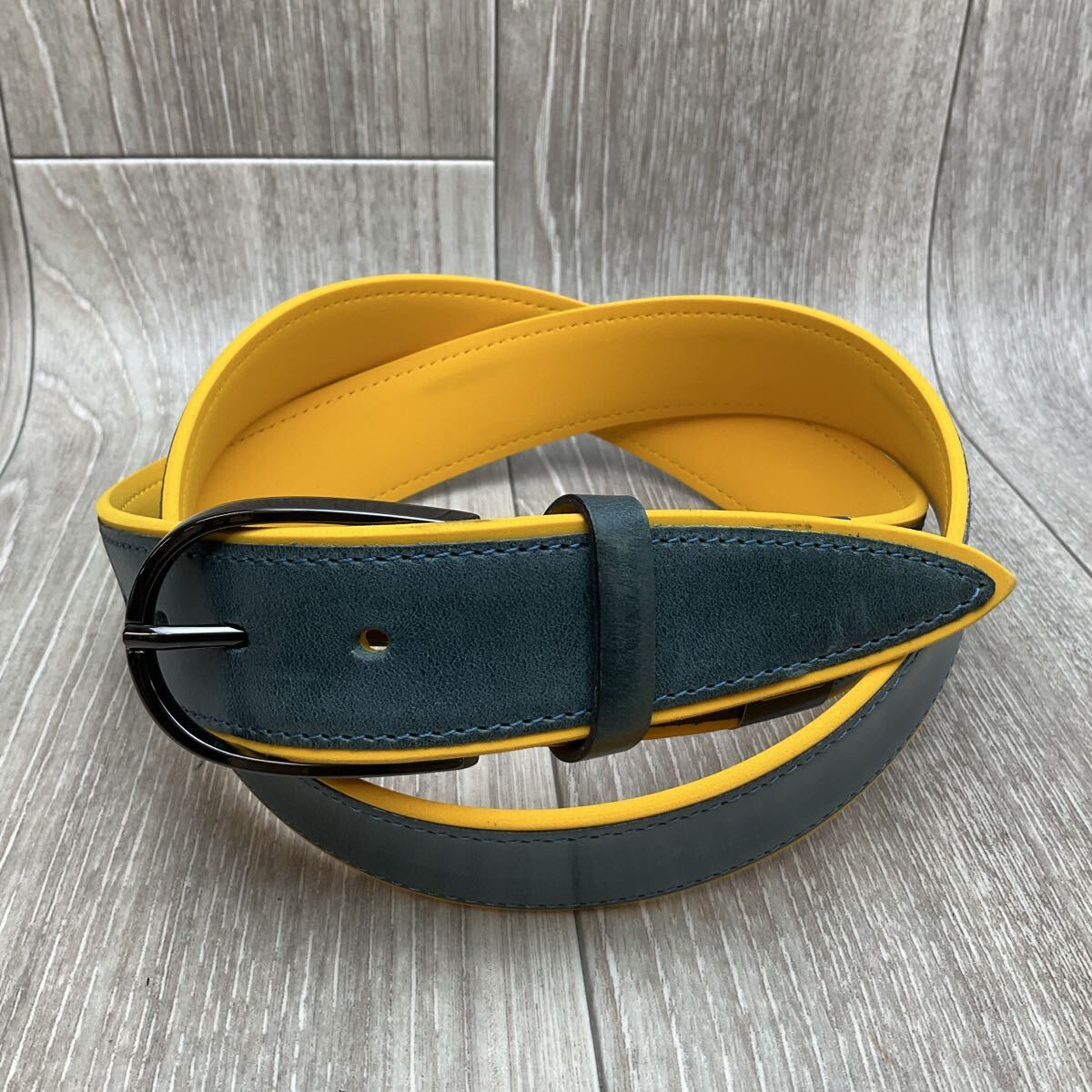 【アウトレット】MADE IN ITALY牛革レザーベルト◆ブルー/イエロー 紳士メンズ イタリア製 ビジカジ STEFANO CORSINI拍卖