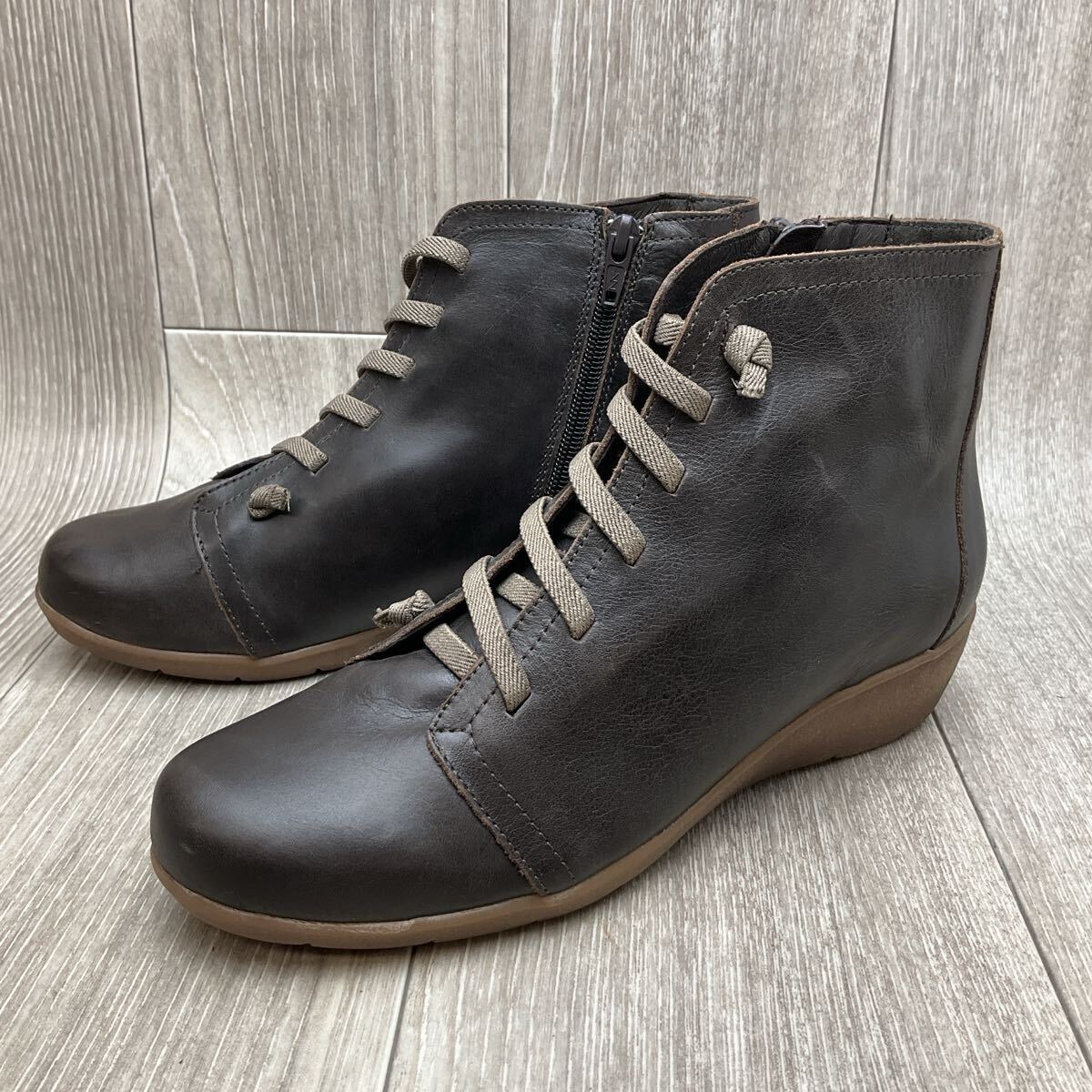 【アウトレット】スペイン製レディースショートブーツ◆ダークブラウン◆サイズ38(24.0cm) 婦人革靴 本革 SPAIN 濃茶 サイドジップ拍卖