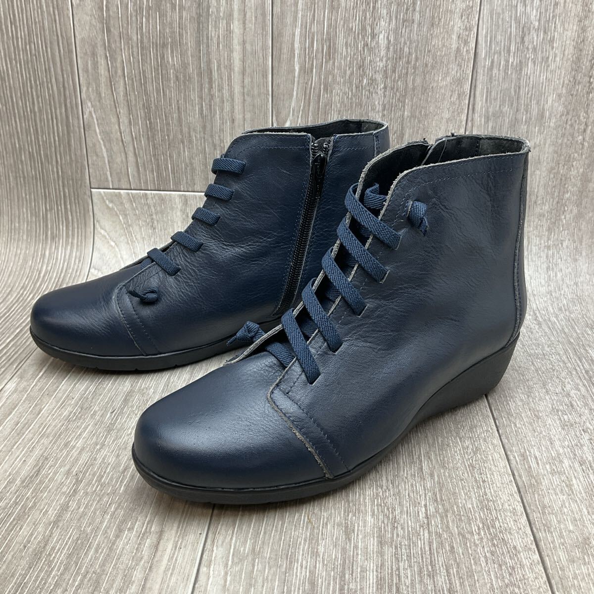【アウトレット】スペイン製レディースショートブーツ◆ネイビー◆サイズ37(23.5cm) 婦人革靴 本革 SPAIN サイドジップ拍卖