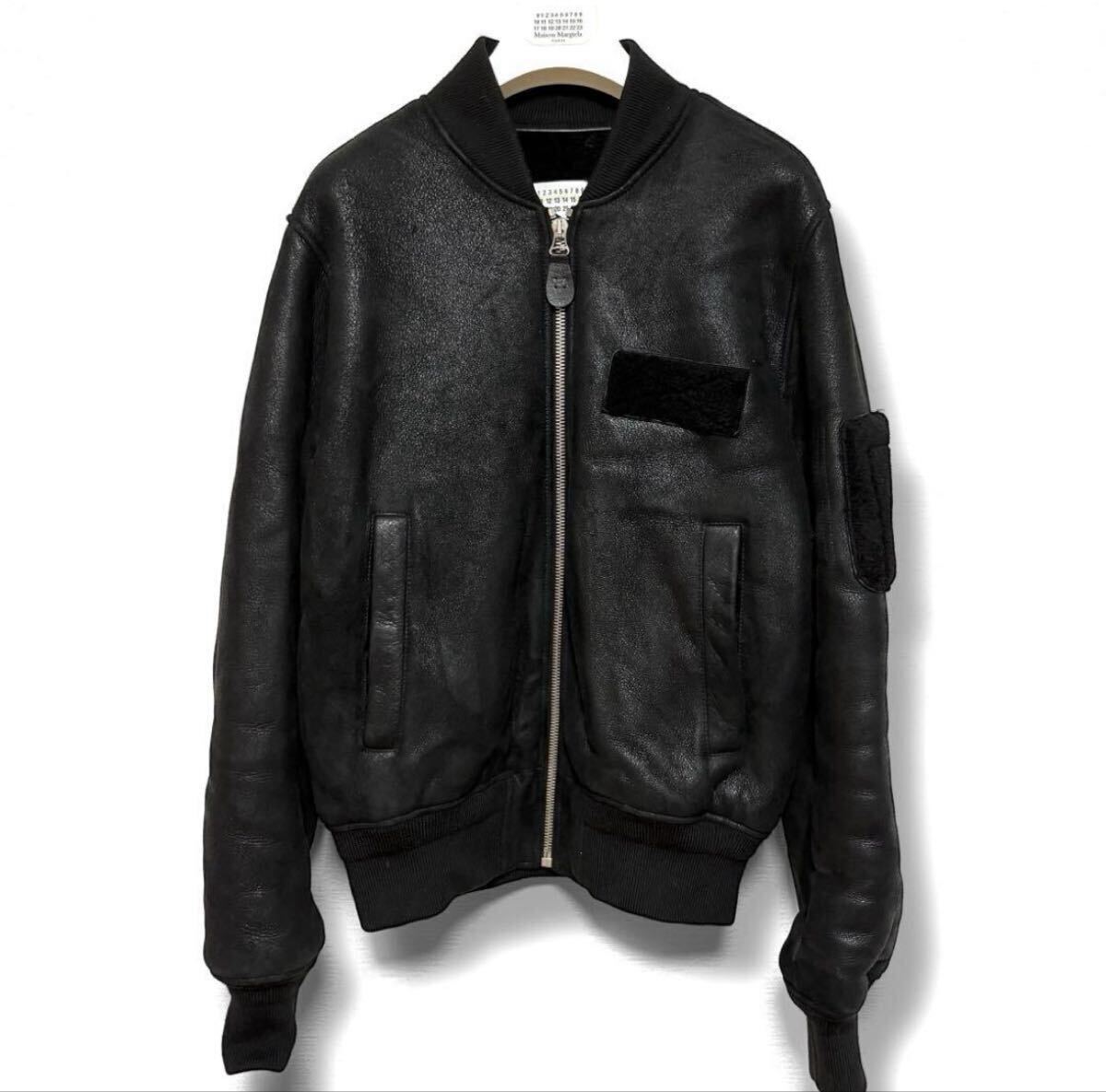 希少極美品/19aw/maison margiela10/メゾンマルジェラ/シープスキン/最高級ムートン/レザージャケット/MA-1/ミリタリーフライト/黒/48拍卖