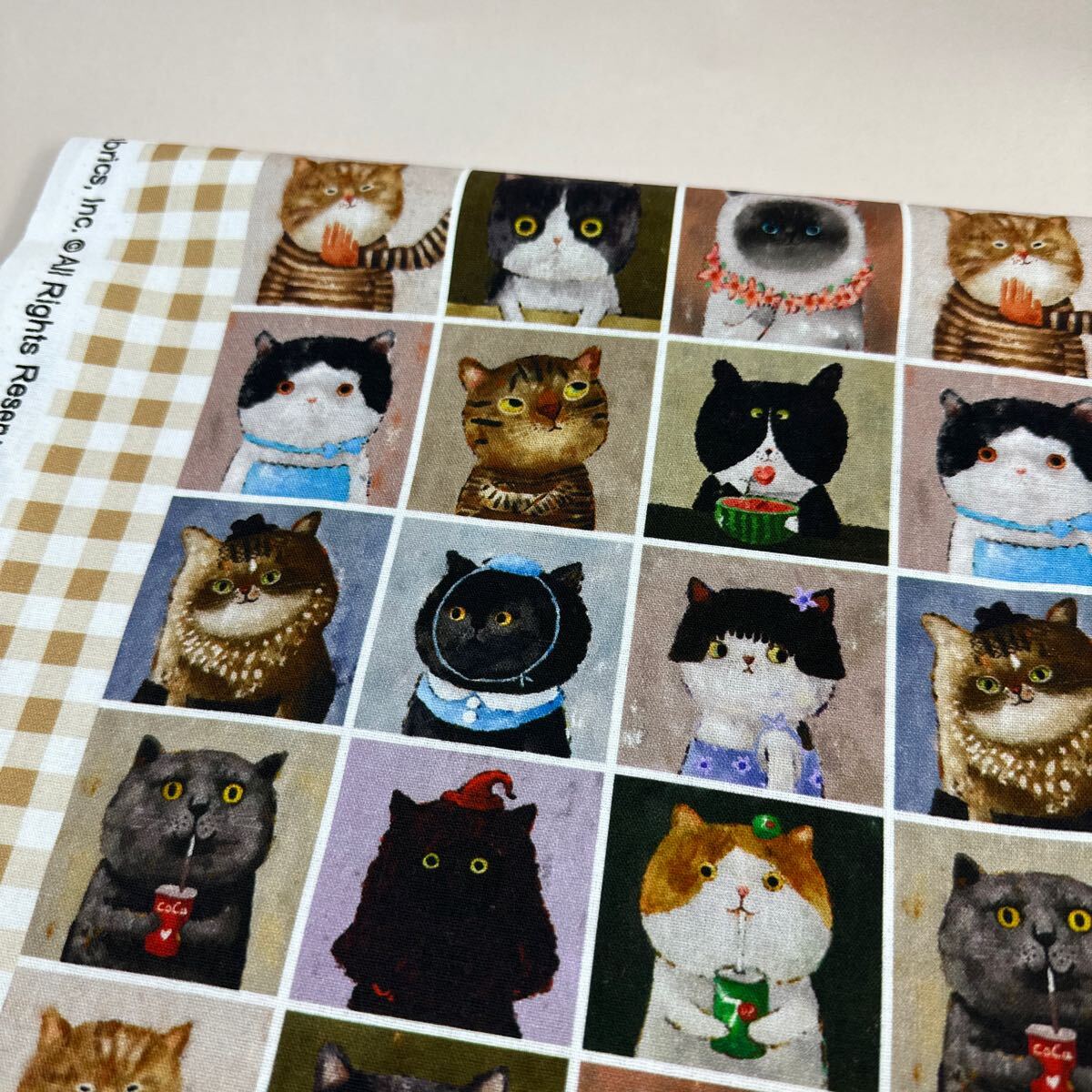 USAシーチング綿生地幅110cm×50cm.黄色格・猫拍卖