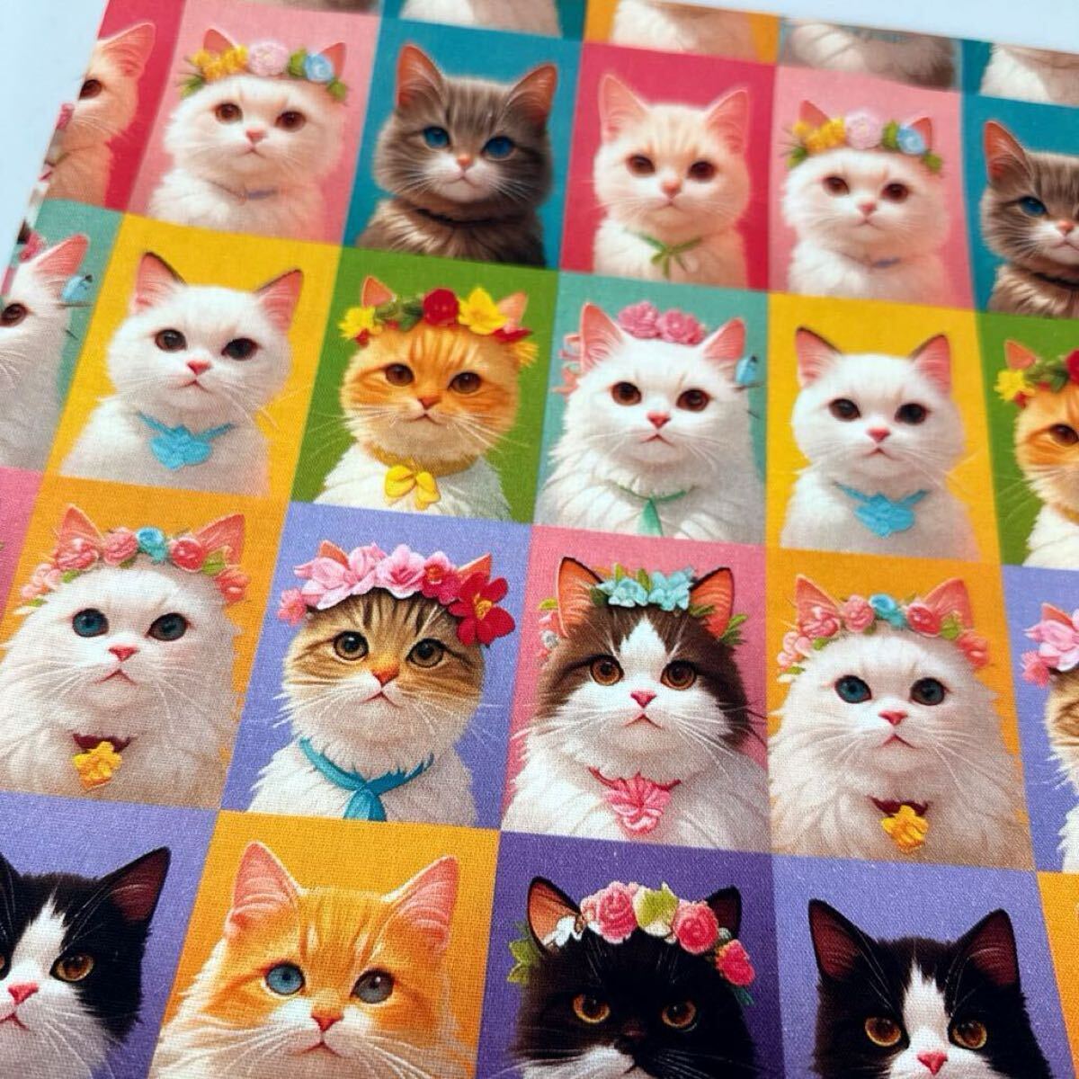 USAシーチング綿生地幅110cm×50cm.花つけた猫.明るい色拍卖