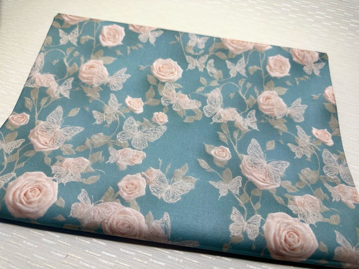 USAシーチング.綿100%生地.幅110cm×50cm.水色地.薔薇.0543・白点印刷ミス少々有拍卖