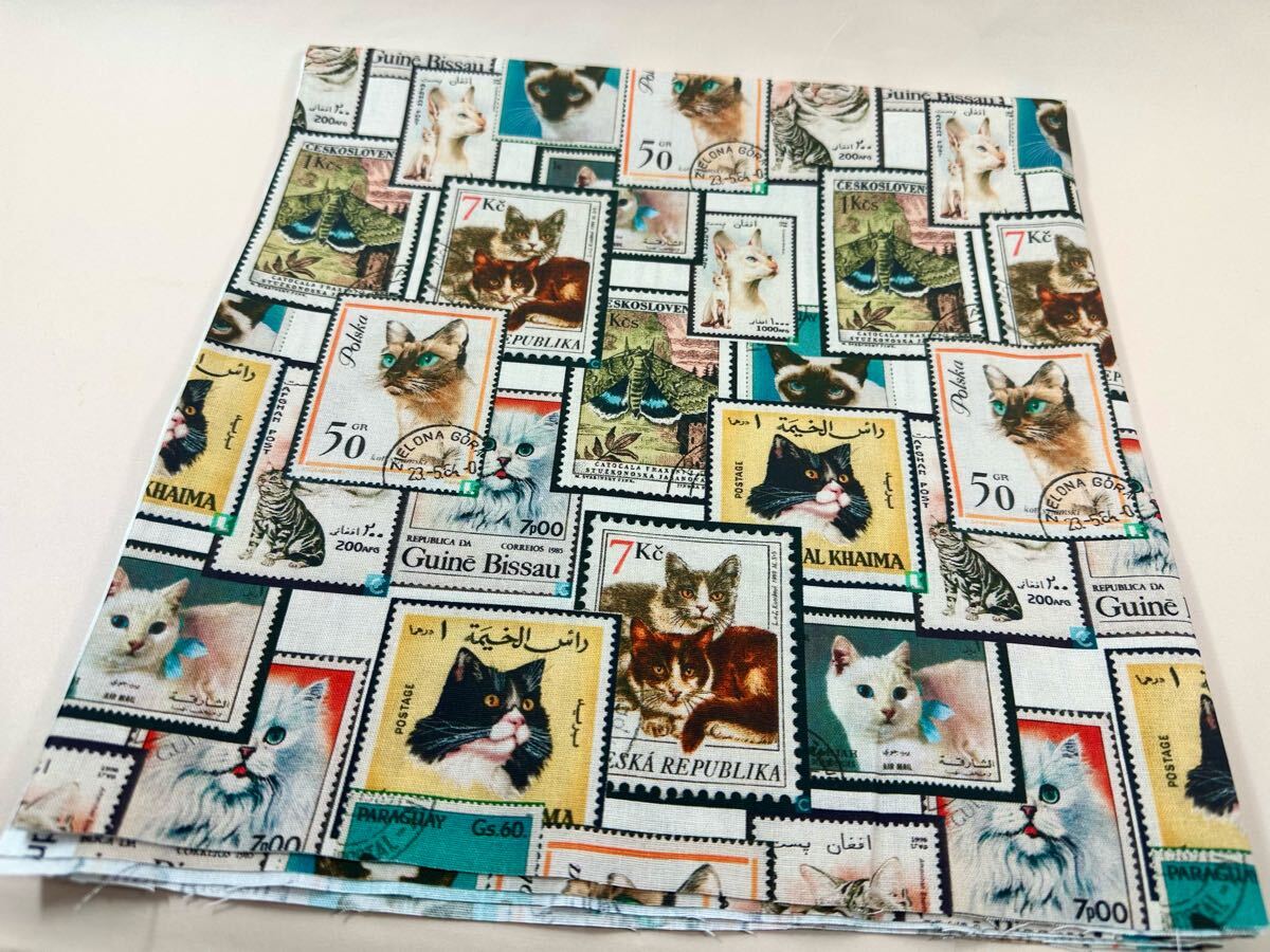 USAシーチング綿100%.生地幅110cm×50cm.猫.切手・1704拍卖