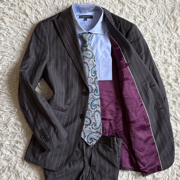 ★美品★ZARA MAN★秋冬 総裏 46 M相当 ウール100 メンズ セットアップ スーツ ダークグレー ストライプ ザラマン 結婚式 パーティー拍卖