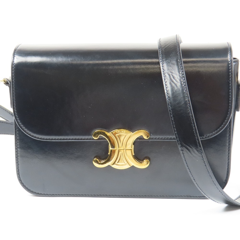 203149★1円スタート★CELINE セリーヌ 外極美品 クラシック トリオンフ G金具 ショルダーバッグ レザー ブラック拍卖
