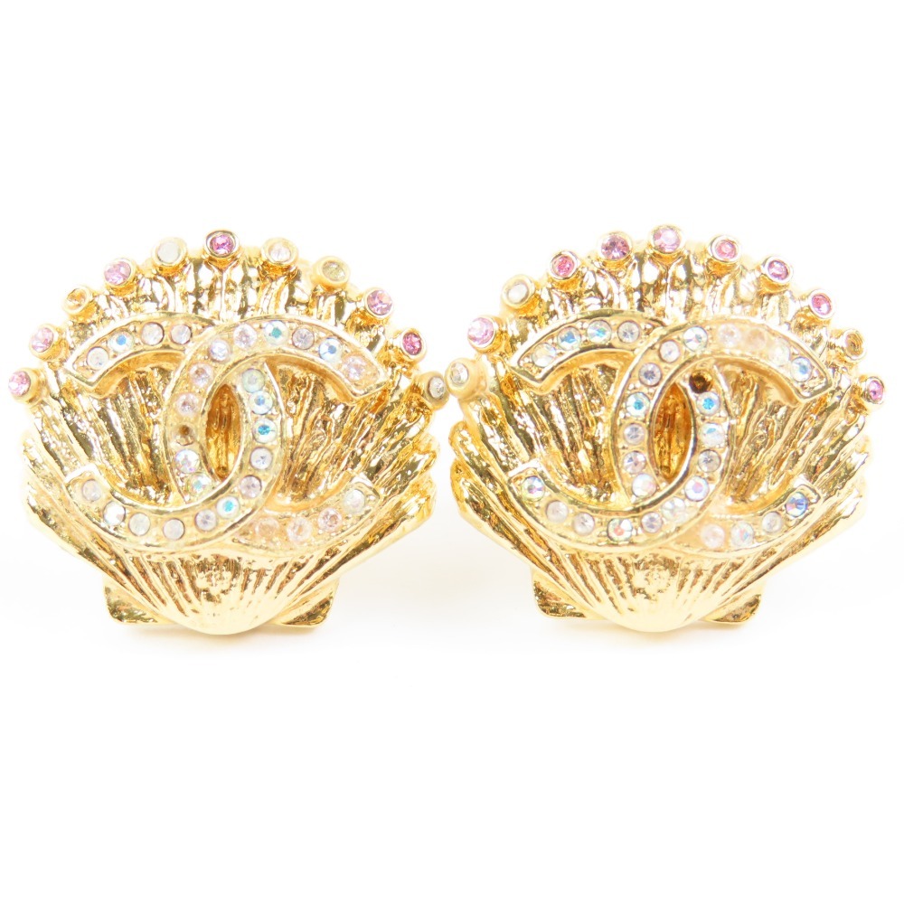 203459★1円スタート★CHANEL シャネル 新品同様美品 ココマーク G23C シェル 貝 アクセサリー イヤリング GP ラインストーン ゴールド拍卖