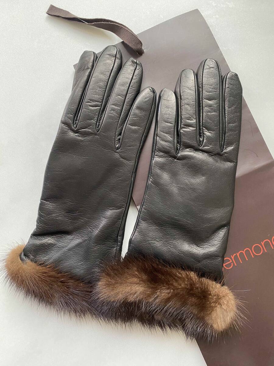 【未使用】イタリア セルモネータ レディース レザーグローブ ブラック 黒革手袋 サイズ7 カシミア裏地 SERMONETA GLOVES拍卖