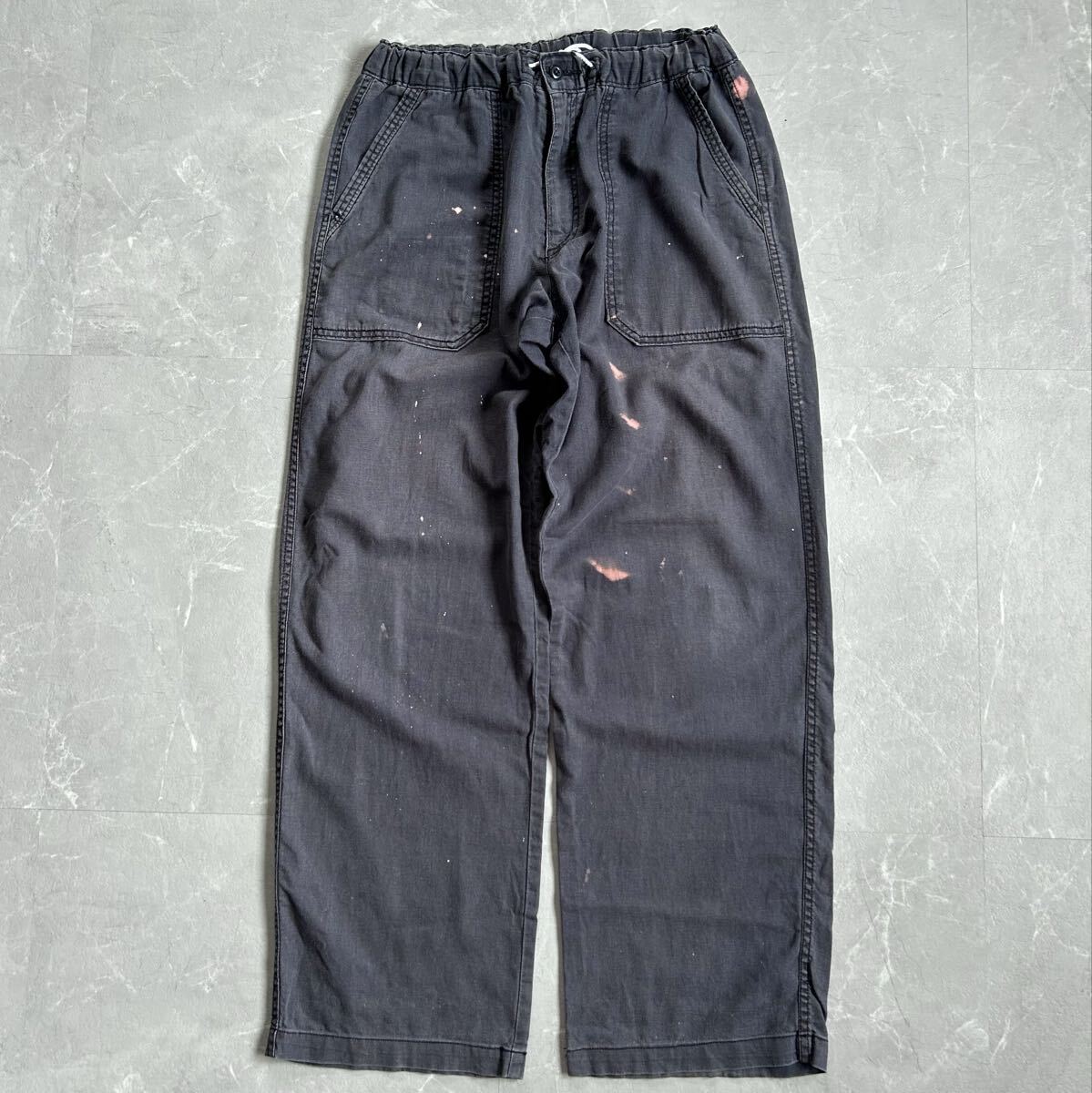 90s OLD 襤褸 リネン コットン ベイカーパンツ 雰囲気◎ 古着 ネイビー ワイド ヴィンテージ ワーク ペンキ vintage ユーロ usa アメカジ拍卖