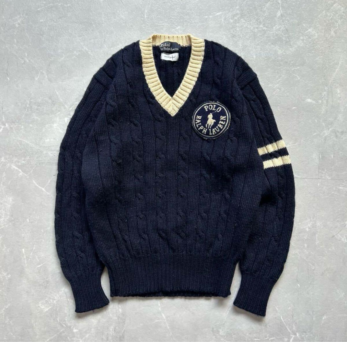 90s Polo by Ralph Lauren バージンウール ニット ネイビー 古着 ラルフローレン ケーブル編み ネイビー セーター vintage 刺繍ポニー usa拍卖