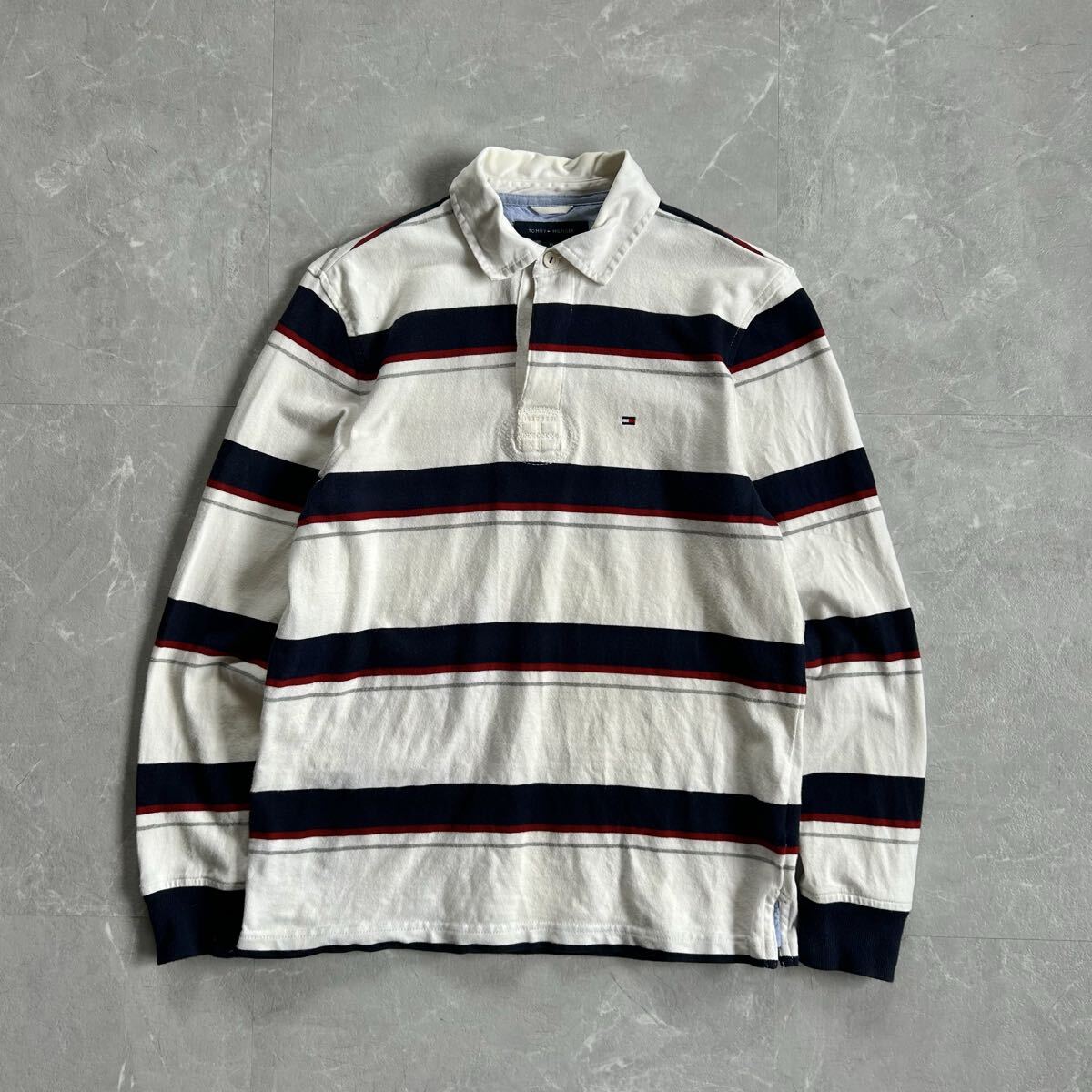 90s 00s TOMMY HILFIGER ラガーシャツ 長袖 ロンt ボーダー メンズ XS usa 古着 cityboy ホワイト 襟付き 刺繍ロゴ ヘビーウェイト 1スタ拍卖