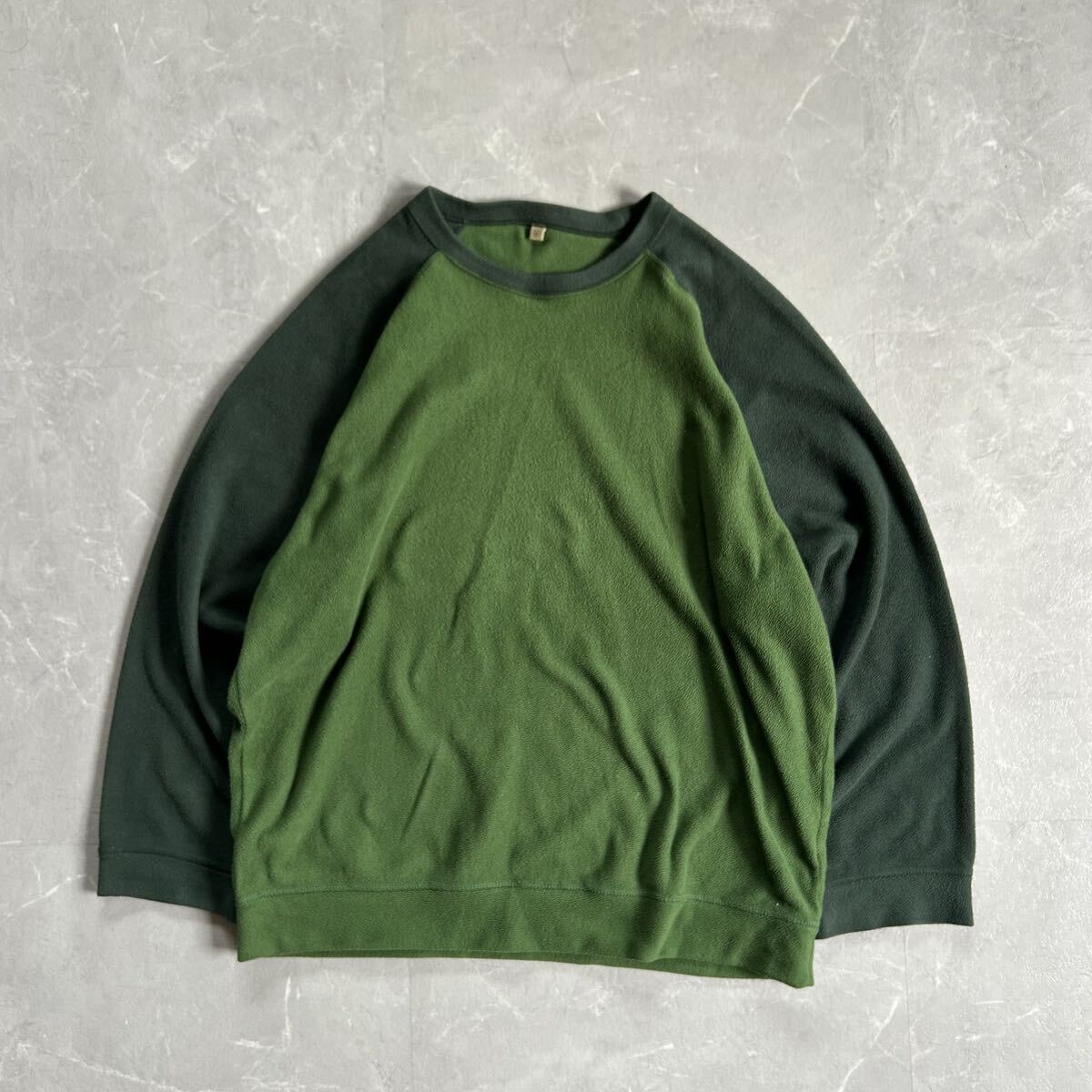 00s OLD UNIQLO フリース ラグランスウェット 古着 グリーン 短丈 オールドユニクロ ツートン トレーナー cityboy メンズ XL 90s 無地拍卖