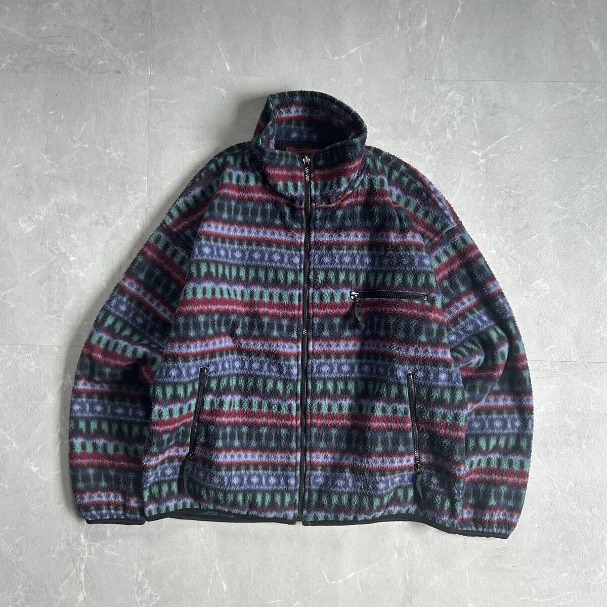 90s OLD 総柄 デザイン フリースジャケット usa古着 cityboy ボーダー フルジップ vintage 短丈 アメリカ スナップt タイプ アメカジ ボア拍卖