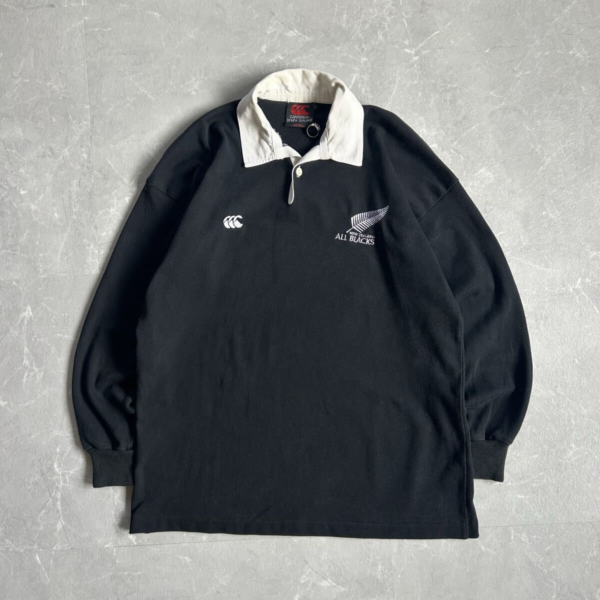 90s CANTERBURY OF NEW ZEALAND ラガーシャツ ニュージーランド製 オールブラックス 長袖 ALL BLACKS カンタベリー 長袖ポロシャツ 黒 L拍卖