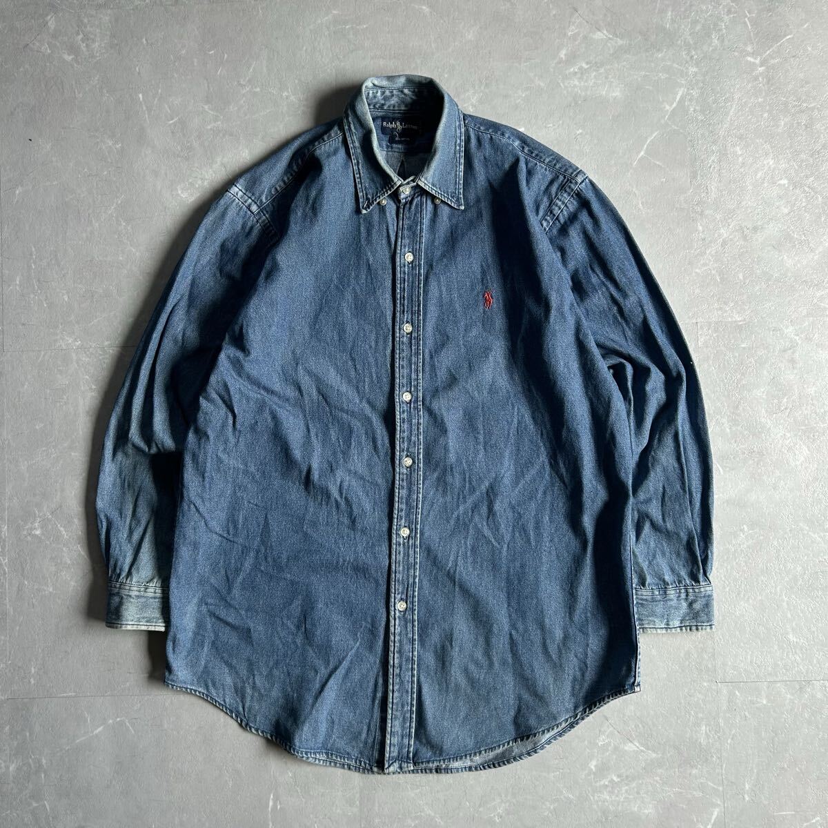 90s Ralph Lauren デニムシャツ 刺繍ポニー 古着 ダンガリーシャツ インディゴ ラルフローレン Polo 大きめ XL相当 vintage アメリカ USA 拍卖